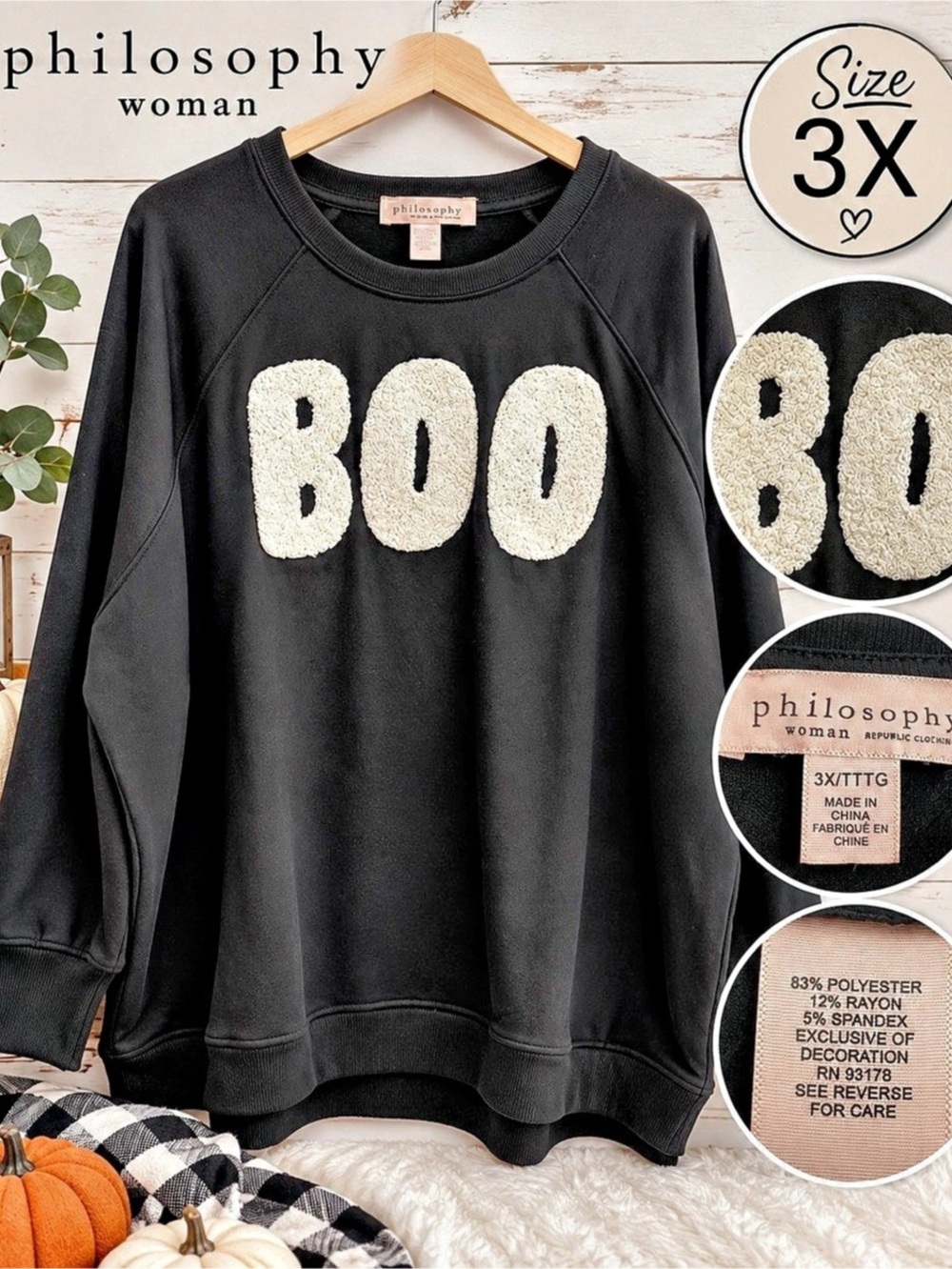 philosophy BOO Graphic Sweatshirt in Black & White Size 3X NWT